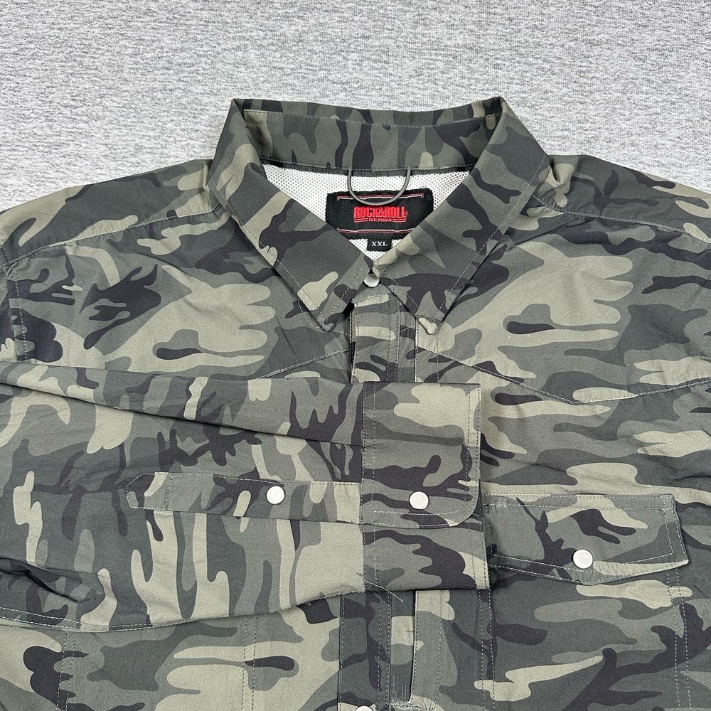 Rock & Roll Denim Shirt Men XXL Green Camo Pearl Snap Performance Vented Outdoor